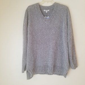 Orvis Sz L Chenille Knit Sweater Top Plush Soft Pullover Gray V-Neck Cozy Chunky